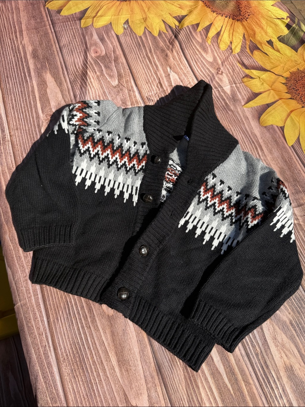 Janie and Jack Black Fair Isle Shawl Collar Cardigan with Gray and Rust Accents